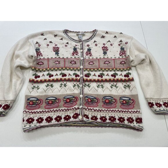 Heirloom Collectibles Women's Large Sweater embroidered Teacups grandma - Picture 1 of 10